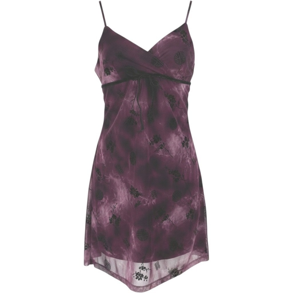 Vintage Y2K Mesh Babydoll Slip Dress Size L Purple Fairy Whimsigoth Velvet Trim